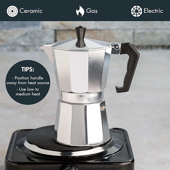Primula Stovetop Espresso Maker and Handheld Electric Milk Frother Gift Set, Moka Pot for Classic Italian and Cuban Coffee, Cafetera, 6 Espresso Cups, Silver