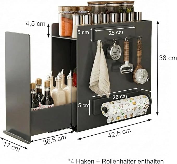 2 Tier No Assembly Pull Out Spice Rack Countertop, Sliding Drawer for Tall Bottles, with Magnetic Panels with Paper Towel Holder and 4 Hooks (Dark Grey, 2)