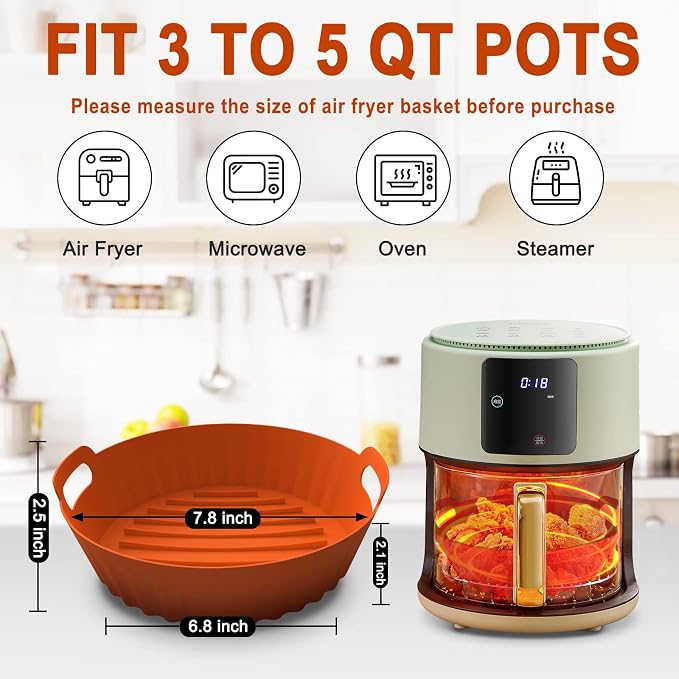 Seropy Silicone Air Fryer Liners Reusable Airfryer Liners 2 Pack 3-5 QT Silicone Pot 7.7 Inch, AirFryer Basket Round Mat Oven Baking Tray Replace Parchment Paper for Air Fryer
