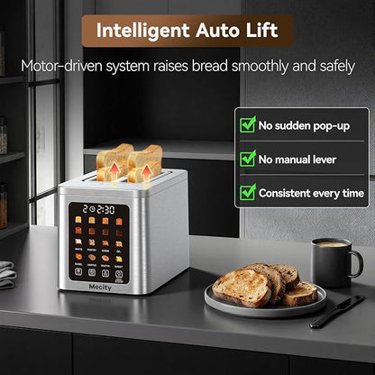 Mecity 2 Slice Smart Touchscreen Toaster, Stainless Steel Wide Slot Toasters with Auto Lift & 30-Minute Warm, Memory Function, Defrost & Auto Shutoff, Digital Electric Bread Toaster for Bagels