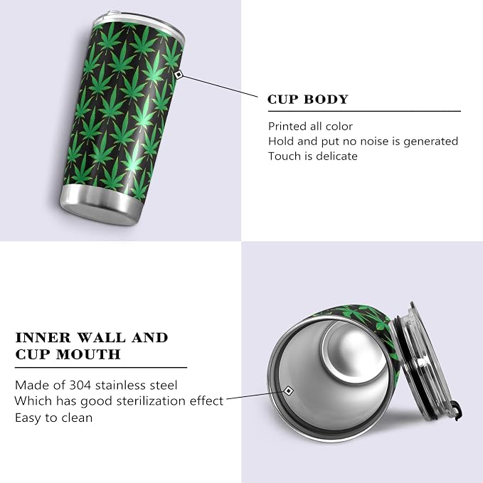 Tumbler Green Marijuana Leaves Insulated Coffee Cup Beverage Container Travel Mug with Straw and Lid Double Wall Stainless Steel 20oz Office, Back to School