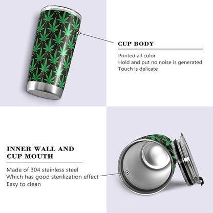 Tumbler Green Marijuana Leaves Insulated Coffee Cup Beverage Container Travel Mug with Straw and Lid Double Wall Stainless Steel 20oz Office, Back to School