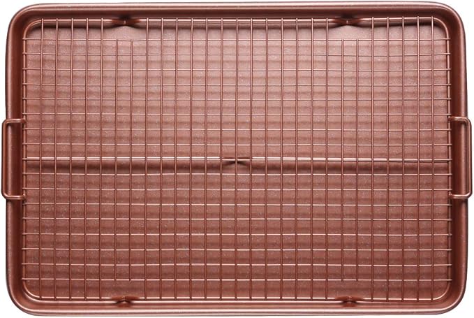 CasaWare 3pc Ultimate Commercial Weight 15 x 10 x 1-inch Cookie Sheet/Cooling Grid/Silicone Mat Bakeware Set (Rose Gold Granite)