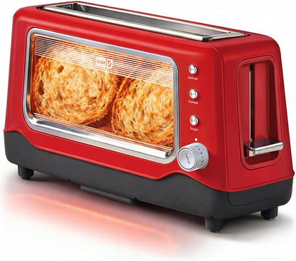 Dash Clear View Toaster, 10.5" Long Slot 2 Slice Toaster with See-Through Glass Window, 7 Browning Levels, Bagel, Defrost & Reheat Functions, Removable Glass Panel, Crumb Tray - Red