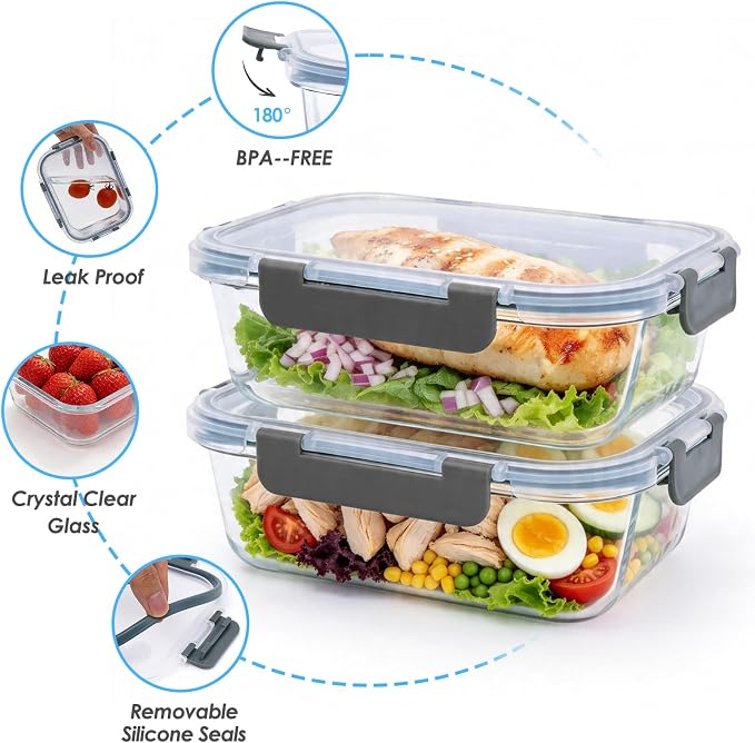 5-Pack 36oz Glass Food Storage Containers with Lids Airtight, Glass Meal Prep Containers Reusable, Leak-Proof Lunch Containers, BPA Free Borosilicate Glass, Microwave Oven Freezer Dishwasher Safe