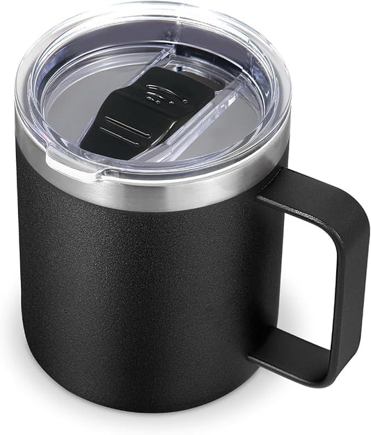 Volhoply 14oz Insulated Stainless Steel Coffee Mug with Leakproof Lid,Double Wall Vacuum Travel Coffee Cup with Handle,Reusable Metal Cups Tumbler,Camping Mugs Keep Hot/Cold,Gifts(Black,1)