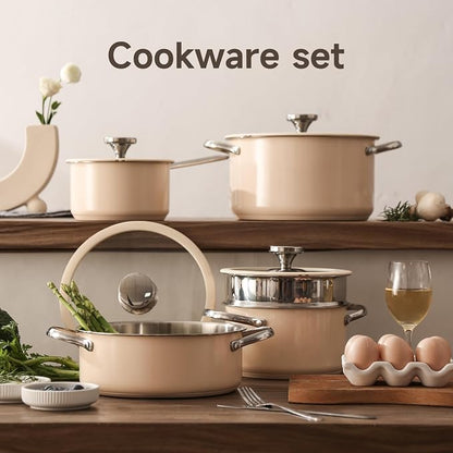 304 9pcs Stainless Steel Cookware Set, Kitchen Cookware Set,Beige High Temperature Ceramic Paint, Including 1 Milk Pot, 3 Different Sizes Of Stockpot, 1 Steam Tray, For All Stoves