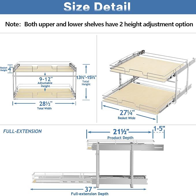 ROOMTEC 2 Tier Individual Pull Out Cabinet Organizer 28½"W x 21½"D, Slide Out Wood Shelves Organizers, Pull Out Drawers Organization and Storage for Kitchen Cabinet