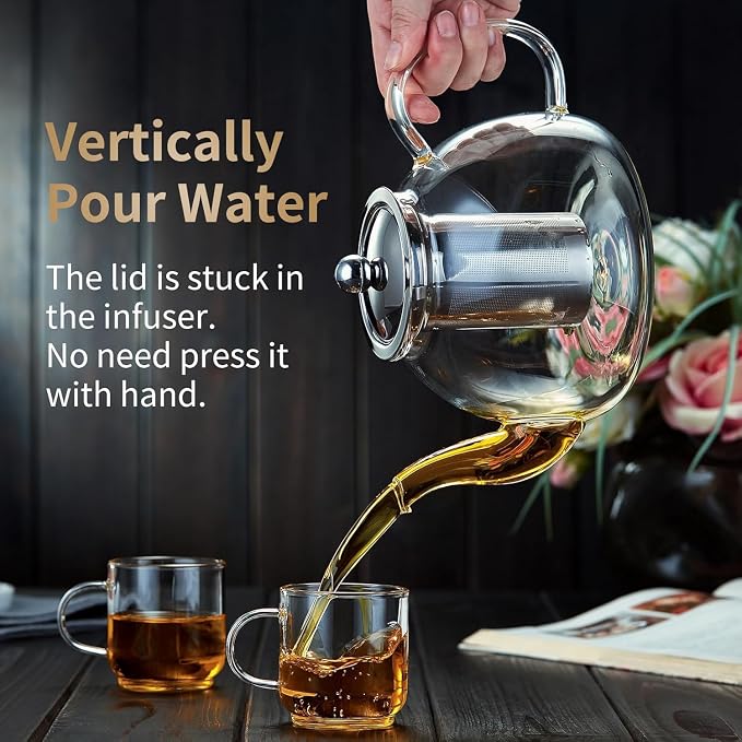 DOPUDO 24 Pack 40OZ (1200ML) Glass Teapot with Infuser Stovetop Safe, Clear Glass Tea Pot Kettle, Borosilicate Tea Pot with Infusers Filter for Loose Tea, Tea Kettle Dishwasher Safe