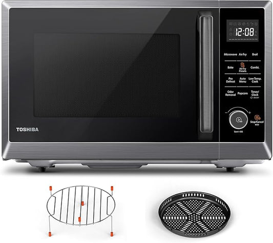 TOSHIBA Air Fryer Combo 8-in-1 Countertop Microwave Oven, with Convection, Broil, Odor Removal Mode, 12.4" Position Memory Turntable, Child-Lock, 1.0 Cu.ft, Black Stainless Steel, ML2-EC10SA(BS) A