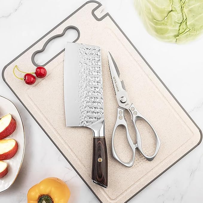 Tibo Cutting Board, 14.3"×9.8" Tibo Titanium Cutting Board with Built-In Knife Sharpener, Double Sided Chopping Board with Grinding Tank, Easy to Clean (1side titanium other side wheat straw)