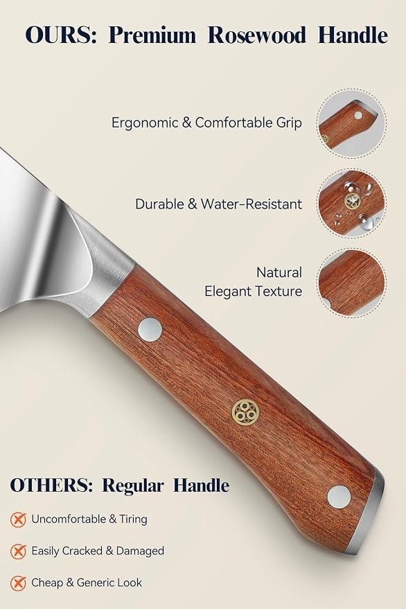 Rosewood Kitchen Knife Set - 3Pcs, Chef/Bread/Utility Knives, High Carbon Stainless Steel, Ultra Sharp, Simple & Practical Essential Kitchen Knife Set for Everyday