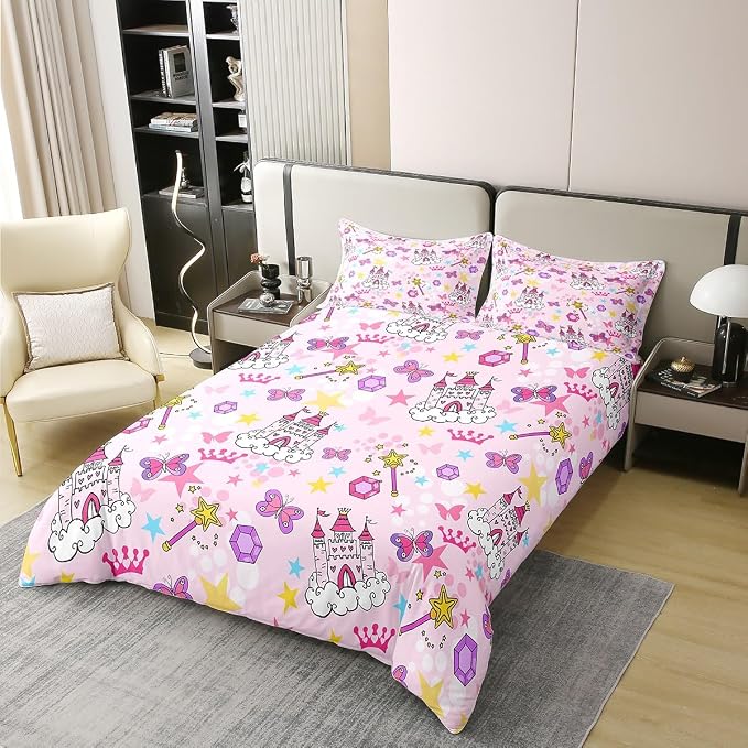 Princess Castle 100% Organic Cotton Comforter Cover Pink Girl Bow Duvet Cover Set Queen Size for Bedroom Watercolor Oil Paint Print Bedding Set with 2 Pillowcases(No Filler)