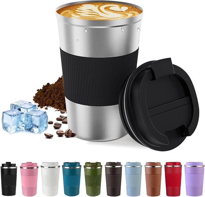 SPLMIFA Vacuum-Insulated Stainless Steel Travel Coffee Mug, Leak-Proof Reusable Coffee Cup with Lid -Keep Hot & Cold Drinks for Hours, Durable Insulated Tumbler for Men & Women(3rd-Silver black, 17OZ)
