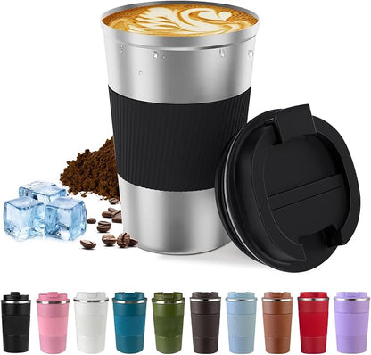 SPLMIFA Vacuum-Insulated Stainless Steel Travel Coffee Mug, Leak-Proof Reusable Coffee Cup with Lid -Keep Hot & Cold Drinks for Hours, Durable Insulated Tumbler for Men & Women(3rd-Silver black, 17OZ)