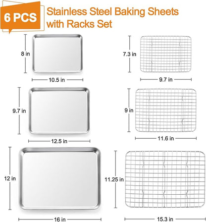TeamFar 16/12.5/10.5 Inch Baking Sheet with Wire Rack, Stainless Steel Cookie Sheets Baking Pans and Cooling Racks for Cooking, Non-Toxic & Heavy Duty, Dishwasher Safe, 6 PCS (3 Pans + 3 Racks)