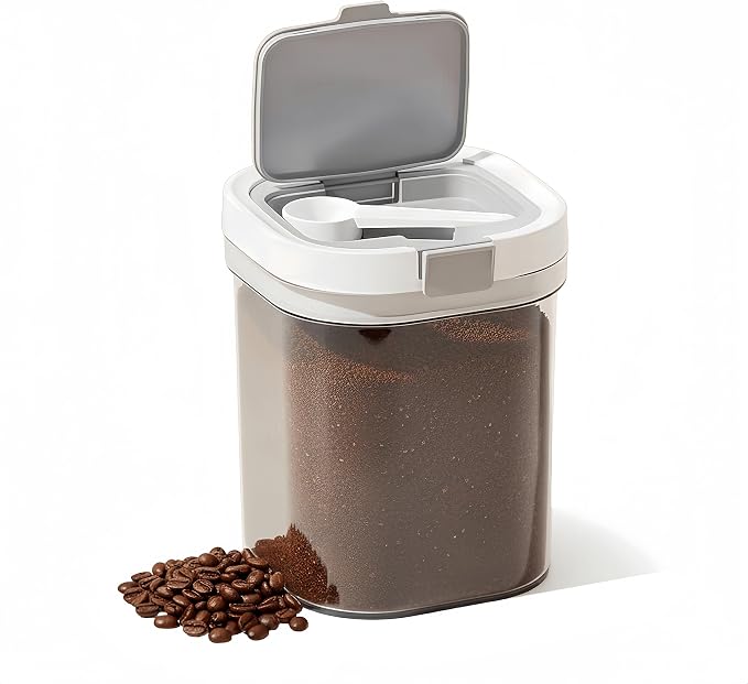 Airtight Brown Sugar Container with Spoon - 44 Fl Oz (1.3L) Clear Storage Jar for Pantry - BPA-Free AS Material Perfect for Ground Coffee (Holds 19 oz Weight), Beans, Flour & Tea