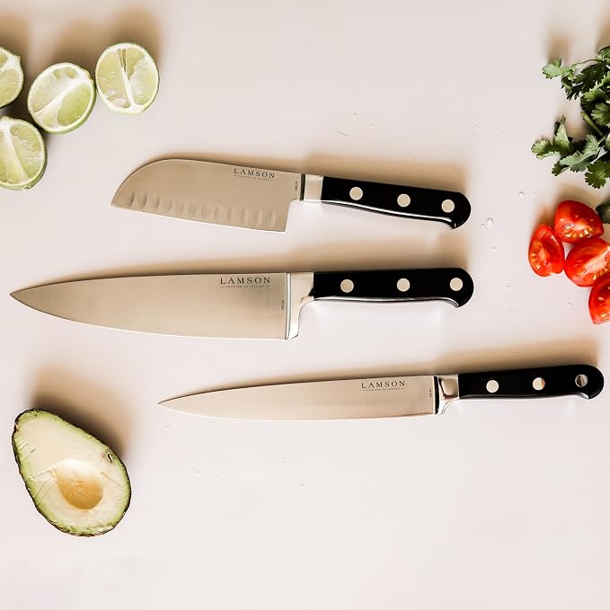 Lamson Premier Forged 8" Chef's Knife, Hi-Carbon Stainless Steel Blade, Triple Riveted for Balance, Ideal for Dicing, Slicing & Chopping, Kitchen Knives - Midnight Handle