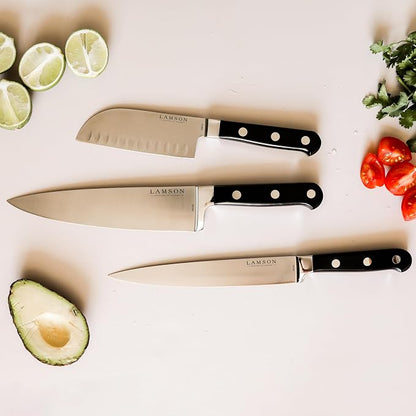 Lamson Premier Forged 8" Chef's Knife, Hi-Carbon Stainless Steel Blade, Triple Riveted for Balance, Ideal for Dicing, Slicing & Chopping, Kitchen Knives - Midnight Handle