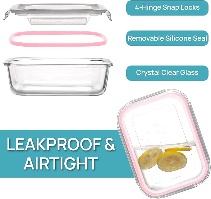 Vtopmart 5Pack 22oz Glass Storage Containers with Lids, Glass Meal Prep Food Container Sets with Snap Airtight Lid for Microwave, Oven, Freezer and Dishwasher, Pink