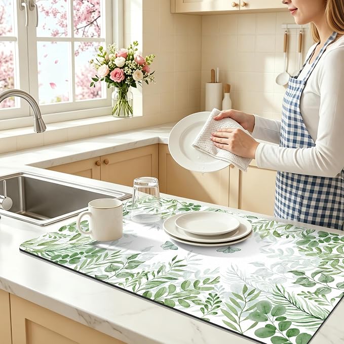 LOKHOM Dish Drying Mat for Kitchen Counter, 17"x32" Absorbent Mat with Green Plant & Butterfly Pattern, Drain Rack Mat for Counter Coffee Maker, Dining Room Decor