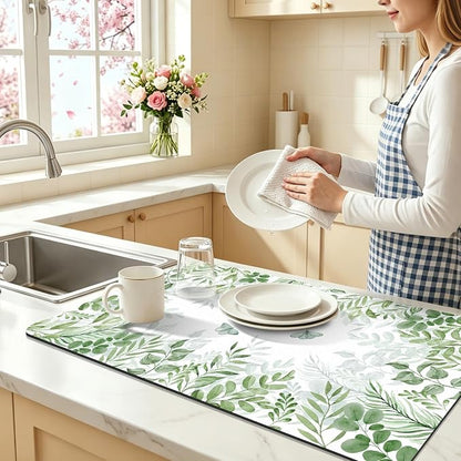 LOKHOM Dish Drying Mat for Kitchen Counter, 17"x32" Absorbent Mat with Green Plant & Butterfly Pattern, Drain Rack Mat for Counter Coffee Maker, Dining Room Decor