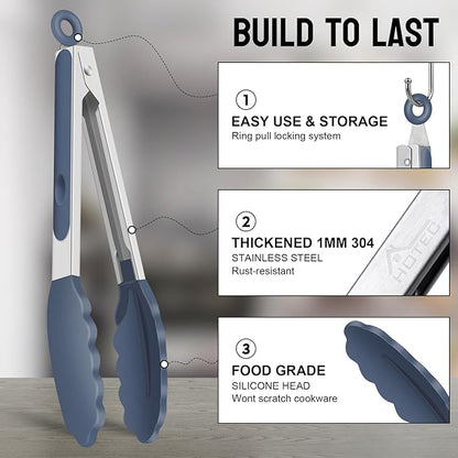 HOTEC Premium Stainless Steel Locking Kitchen Tongs with Silicon Tips, Set of 3-7", 9" and 12" (Dusty Blue)