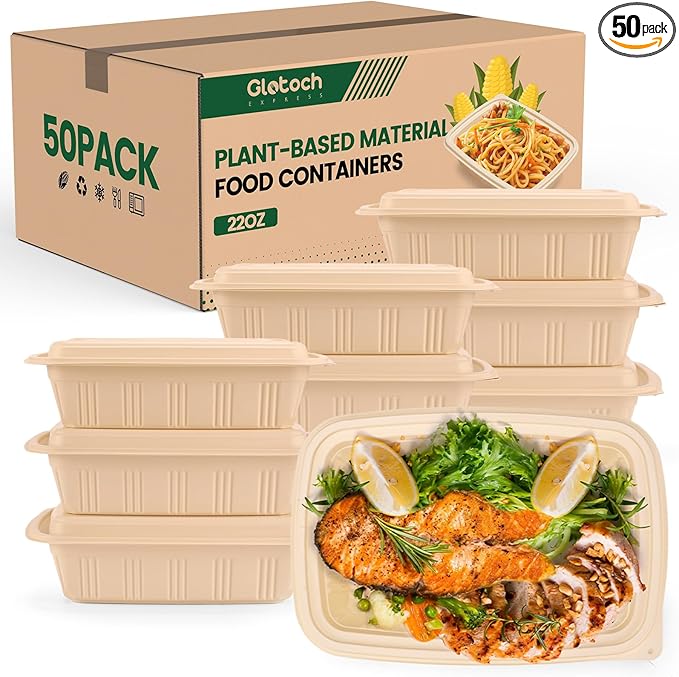 50 Pack (100 Piece) Food Containers with Lids, 22oz Meal Prep Containers Reusable Plant-based Cornstarch Lunch Box BPA Free Small Disposable Take Out Togo Boxes for Salad Microwave & Freezer Safe