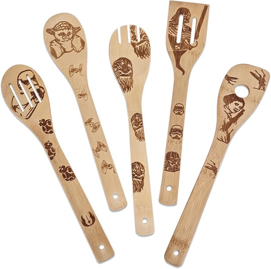 Star Warz Wooden Cooking Utensils Set,5-Piece Wooden Spoons and Spatulas for Cooking, Heat Resistant Kitchen Tools for Nonstick Cookware, Space Fans