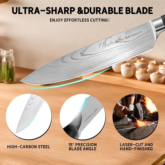 Chef Knife, 8 Inch Professional Chef's Knife with Ergonomic Resin Handle, Stainless Steel Sharp Kitchen Knives for Cooking, Perfect Gifts for Chefs Husband Men Him (Black)