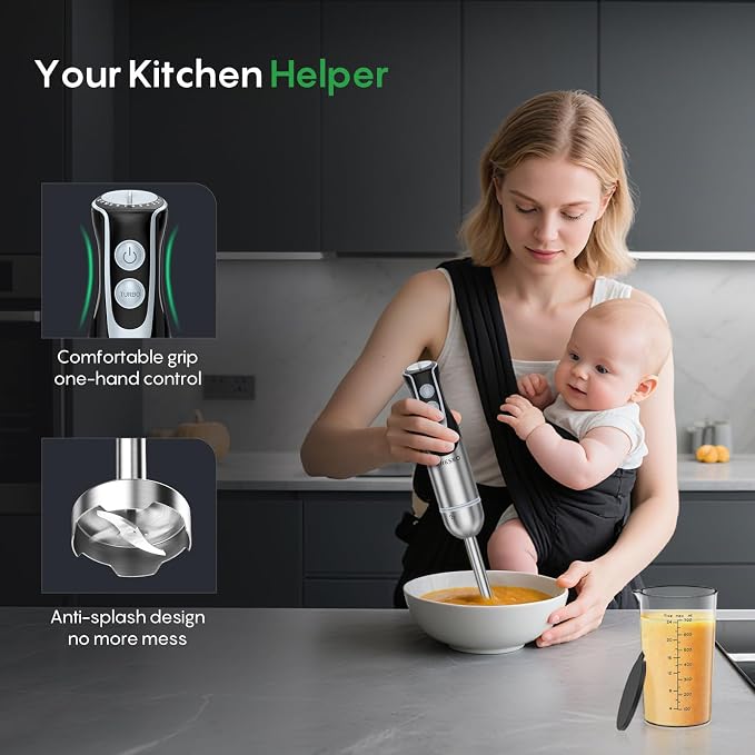 Immersion Handheld Blender 500W with 700ml Beaker, 12-Speed & Turbo Mode Hand Blender Stick, 304 Stainless Steel Blades for Soup, Smoothie, Puree, Baby Food