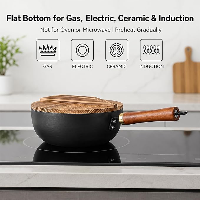 WANGYUANJI Carbon Steel Wok with Lid, 8.7" Small Mini Wok Pan, Thickened Heavy Duty Flat Bottom for Deep Frying, Camping & Solo Meals, Induction Ready, Seasoning Required