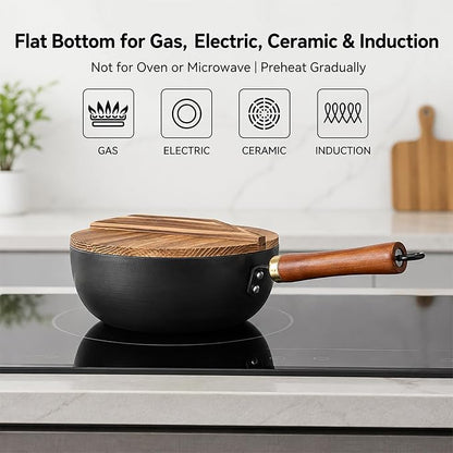 WANGYUANJI Carbon Steel Wok with Lid, 8.7" Small Mini Wok Pan, Thickened Heavy Duty Flat Bottom for Deep Frying, Camping & Solo Meals, Induction Ready, Seasoning Required