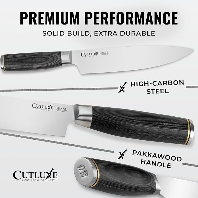 Cutluxe 3-Piece Chef Knife Set – Ultra Sharp Japanese Kitchen Knives, High Carbon Stainless Steel Blades, Full Tang Pakkawood Handles – Shinobi Series