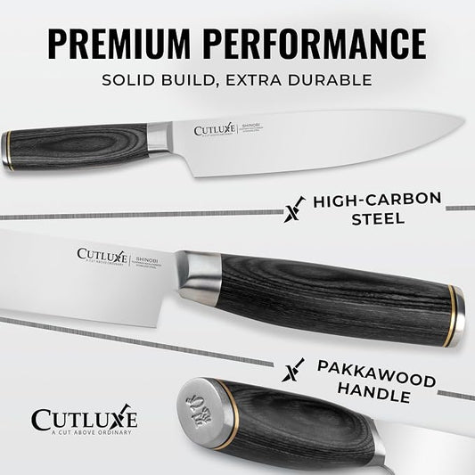 Cutluxe 3-Piece Chef Knife Set – Ultra Sharp Japanese Kitchen Knives, High Carbon Stainless Steel Blades, Full Tang Pakkawood Handles – Shinobi Series