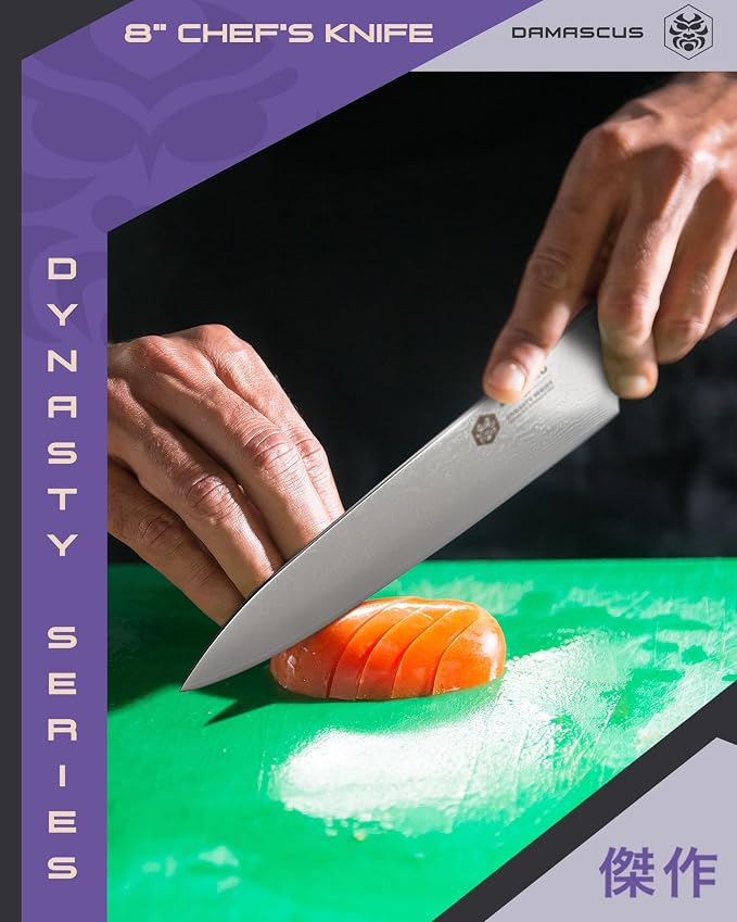 KESSAKU Chef Knife - 8 inch - Damascus Dynasty Series - Razor Sharp Kitchen Knife - Forged 67-Layer Japanese AUS-10V High Carbon Stainless Steel - G10 Garolite Handle with Blade Guard