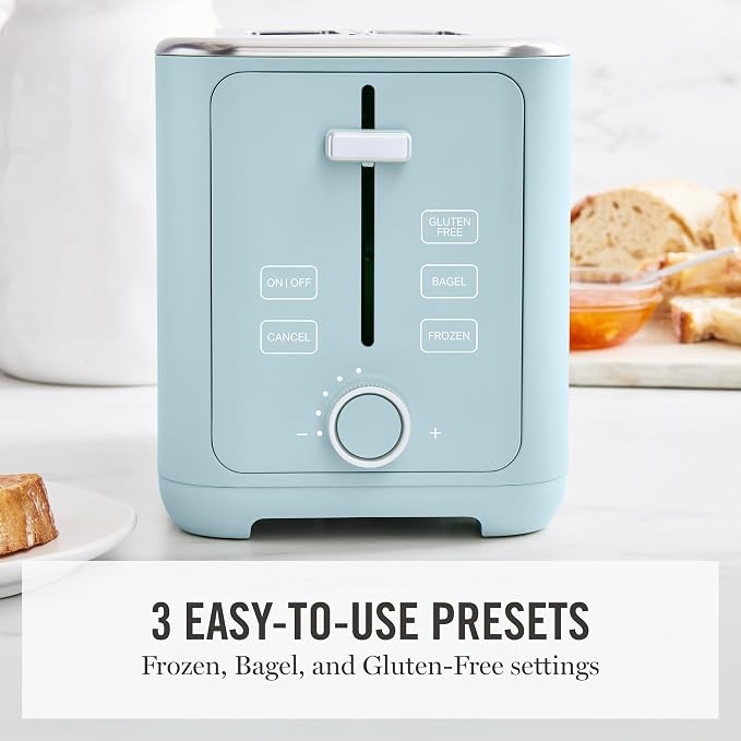 Martha Stewart 2 Slice Toaster, 10 Shade Settings with Defrost, Cancel, Bagel & Gluten-Free, Extra-Wide Self-Centering Slots for Waffles & Artisan Bread, Removable Crumb Tray, Cord Wrap, Sky Blue