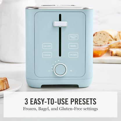 Martha Stewart 2 Slice Toaster, 10 Shade Settings with Defrost, Cancel, Bagel & Gluten-Free, Extra-Wide Self-Centering Slots for Waffles & Artisan Bread, Removable Crumb Tray, Cord Wrap, Sky Blue