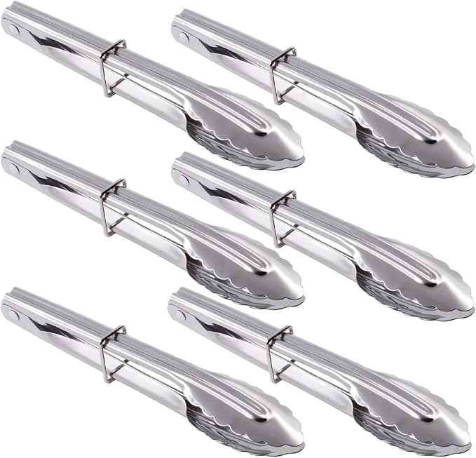 HINMAY Mini Stainless Steel Food Tongs with Silding Rings 7-Inch, Set of 6 | Small Clam Shell Service Tongs for Serving Appetizers, Desserts, Salads, Barbecue and Cooking (Silver)