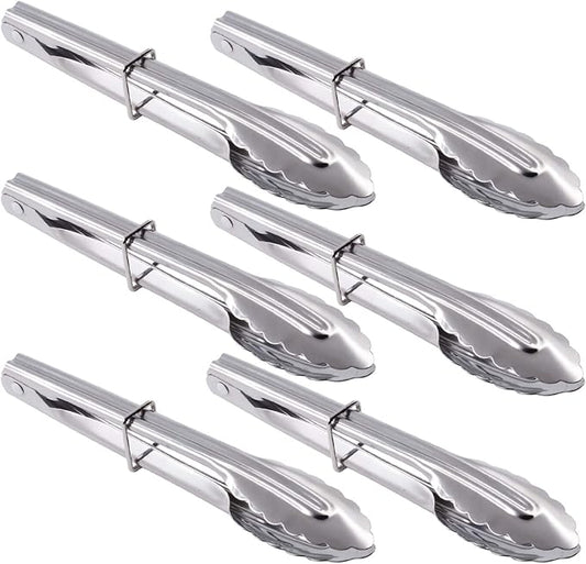 HINMAY Mini Stainless Steel Food Tongs with Silding Rings 7-Inch, Set of 6 | Small Clam Shell Service Tongs for Serving Appetizers, Desserts, Salads, Barbecue and Cooking (Silver)