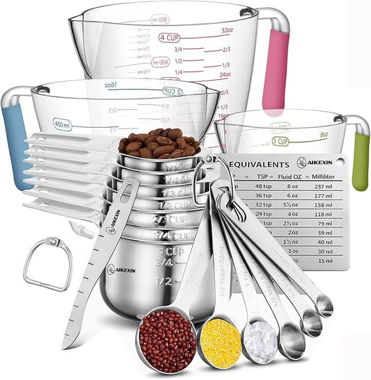 AIKEXIN 20 PCS Measuring Cups & Spoons Set, for Cooking & Baking Gadgets | 18/10 Stainless Steel Metal, Nesting Stackable Design, Dry & Liquid, Plastic Liquids, Leveler Conversion Chart
