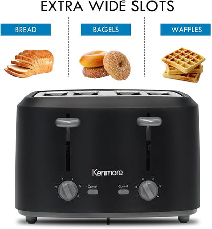 Kenmore 4-Slice Toaster with Dual Controls, Matte Black and Grey, Wide Slots, Self-Adjusting Bread Guides, Adjustable Browning, 6 Shade Settings, Toast, Bagels, Waffles, English Muffins, Small