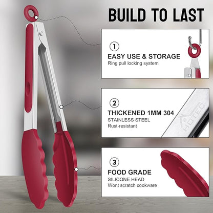 HOTEC Premium Stainless Steel Locking Kitchen Tongs with Silicon Tips, Set of 2-9" and 12"(Red)