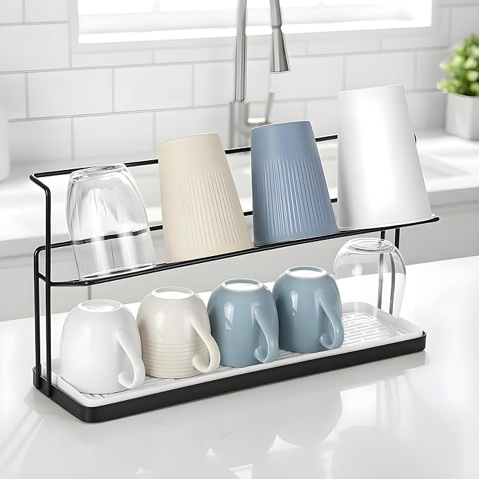 2-Tier Bottle Drying Rack Cup Cradle Storage with Drain Removable Tray Mug Organizer Over Sink Instant Dry Small Dish Dryer for Kitchen Countertop Water Bottles and Tumblers,Coffee Mugs, Glasses 15.7“
