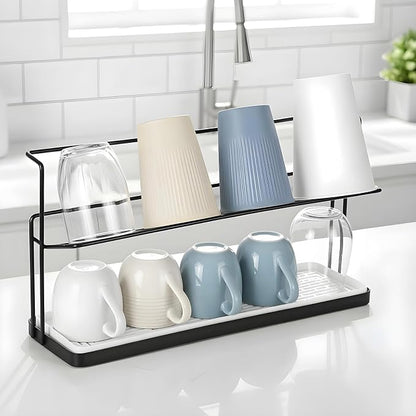 2-Tier Bottle Drying Rack Cup Cradle Storage with Drain Removable Tray Mug Organizer Over Sink Instant Dry Small Dish Dryer for Kitchen Countertop Water Bottles and Tumblers,Coffee Mugs, Glasses 15.7“