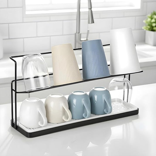 2-Tier Bottle Drying Rack Cup Cradle Storage with Drain Removable Tray Mug Organizer Over Sink Instant Dry Small Dish Dryer for Kitchen Countertop Water Bottles and Tumblers,Coffee Mugs, Glasses 15.7“