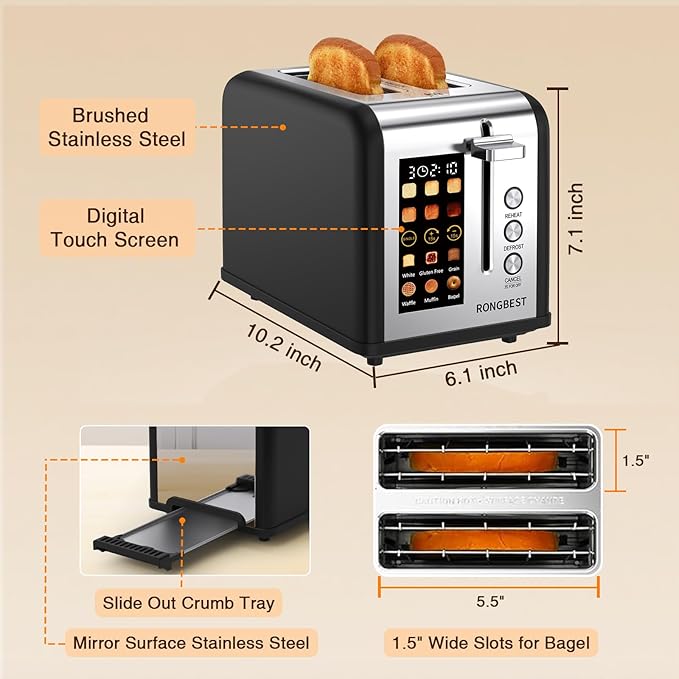 2 Slice Touch Screen Toaster Stainless Steel with Wide Slots for Family Breakfast, Even Toasting for Bagels & Bread, Defrost & Reheat, Easy Removable Crumb Tray, Matt Black
