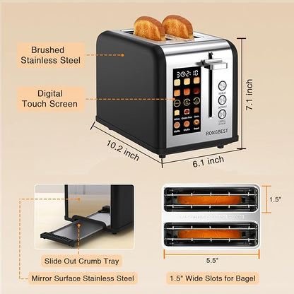 2 Slice Touch Screen Toaster Stainless Steel with Wide Slots for Family Breakfast, Even Toasting for Bagels & Bread, Defrost & Reheat, Easy Removable Crumb Tray, Matt Black