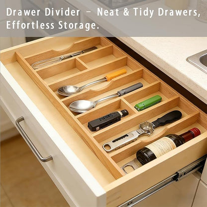 Silverware Drawer Organizer - Trim-to-Fit with Adjustable Dividers for Kitchen Utensil Storage, Beech Wood Frame with 11 Sizes (10.24" W x 22" D)