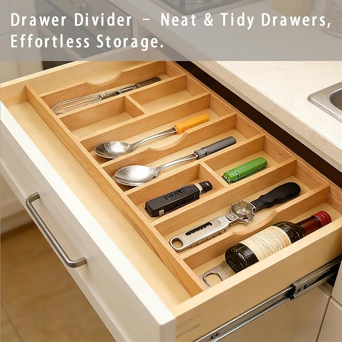 Silverware Drawer Organizer - Trim-to-Fit with Adjustable Dividers for Kitchen Utensil Storage, Beech Wood Frame with 11 Sizes (16.22" W x 22" D)